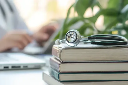 Ein Bücherstapel, auf dem ein Stethoskop liegt. 
