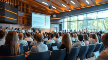 Ein Bild von einer Konferenz. Man sieht das Publikum von hinten in Richtung Bühne schauen. 