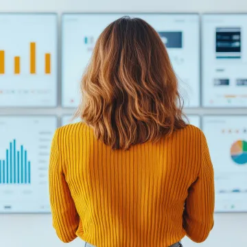 Eine Frau mit gelbem Pullover steht mit dem Rücken zur Kamera gerichtet da. Sie blickt auf verschiedene Grafiken, die Statistiken darstellen. 