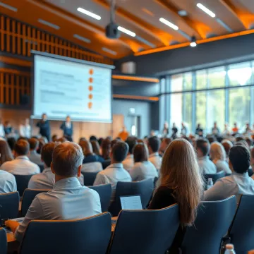 © Stone Story - stock.adobe.com Ein Bild von einer Konferenz. Man sieht das Publikum von hinten in Richtung Bühne schauen.