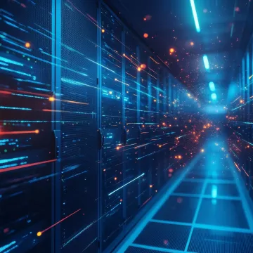 Ein dunkel gehaltenes Bild in hellblauen und dunkelblauen Farbtönen. Dargestellt werden Datenserver. 