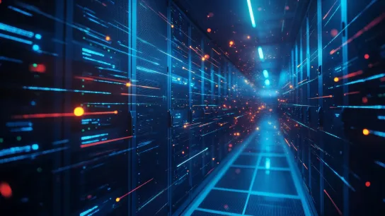 Ein dunkel gehaltenes Bild in hellblauen und dunkelblauen Farbtönen. Dargestellt werden Datenserver. 