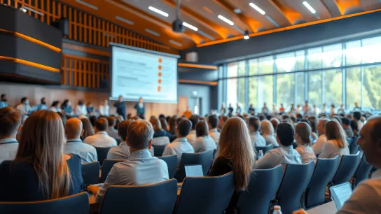Ein Bild von einer Konferenz. Man sieht das Publikum von hinten in Richtung Bühne schauen. 