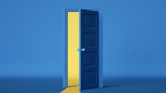 Zu sehen ist eine hellblaue Wand mit einer dunkelblauen Türe. Die Türe ist leicht geöffnet und der Türspalt ist gelb gefärbt. 