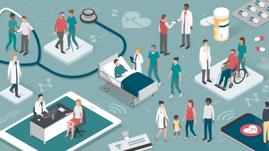 Illustration zeigt vielfältige medizinische Versorgung: Ärzt:innen, Pflege, Patient:innen, Medikamente, Krankenhausbett, Rollstuhl und digitale Gesundheit.
