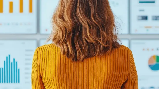© nattapon98 - stock.adobe.com Eine Frau mit gelbem Pullover steht mit dem Rücken zur Kamera gerichtet da. Sie blickt auf verschiedene Grafiken, die Statistiken darstellen.